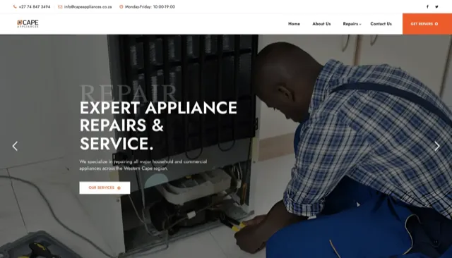 Cape Appliances website designed by Masterpiece Designs